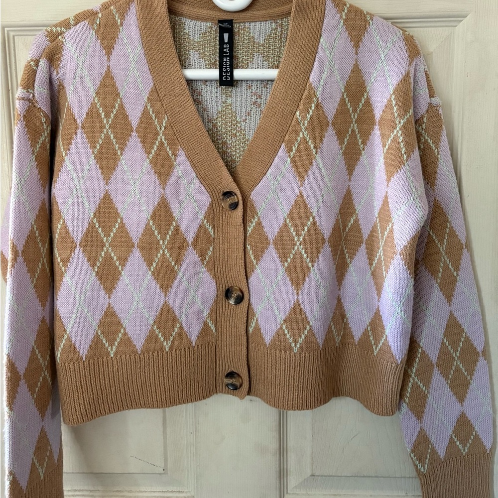 Design Lab Lord & Taylor Brown and Lavender Argyle Cardigan